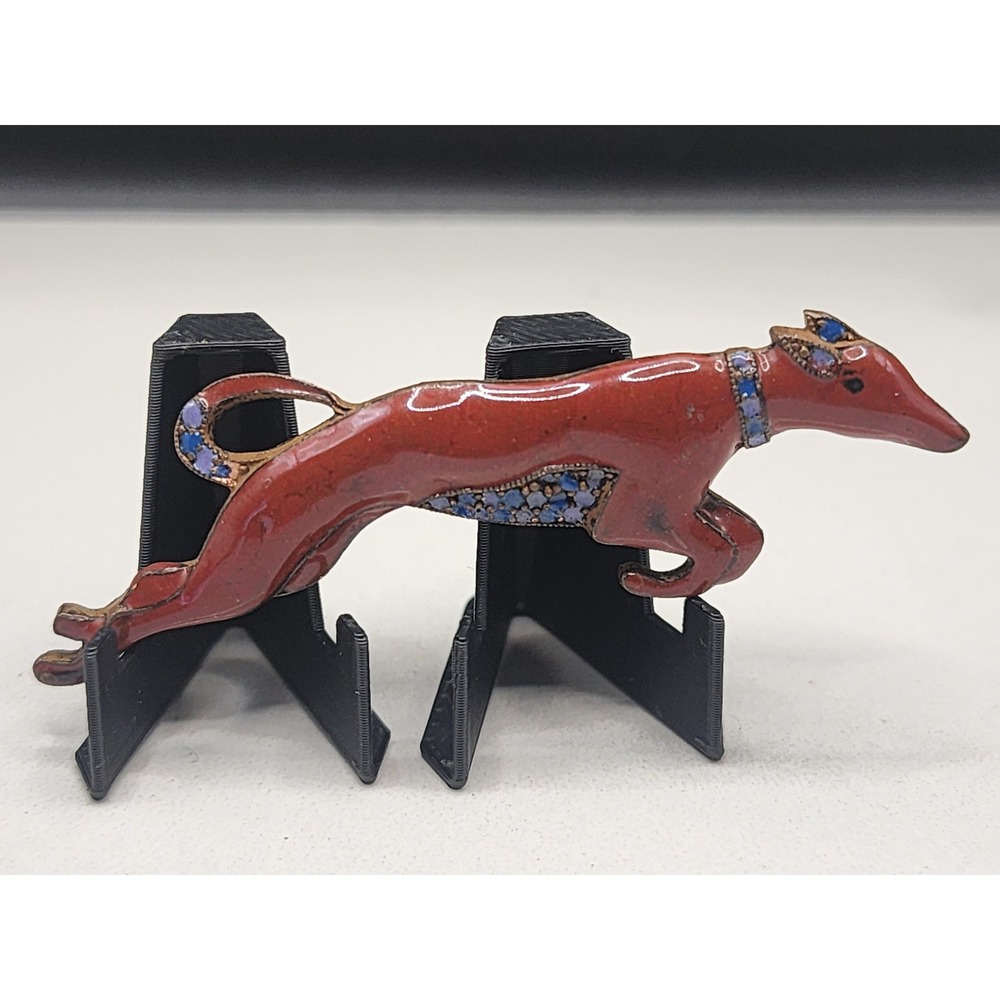 Vintage Art Deco Red Enamel Blue Rhinestones Greyhound Dog Brooch Racing